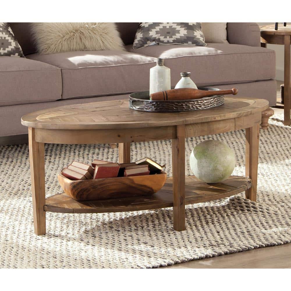 Revive 48 in. Natural Oak Oval Wood Top Coffee Table with Shelf