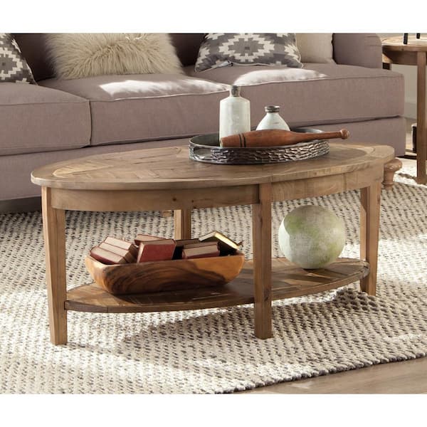Revive 48 in. Natural Oak Oval Wood Top Coffee Table with Shelf