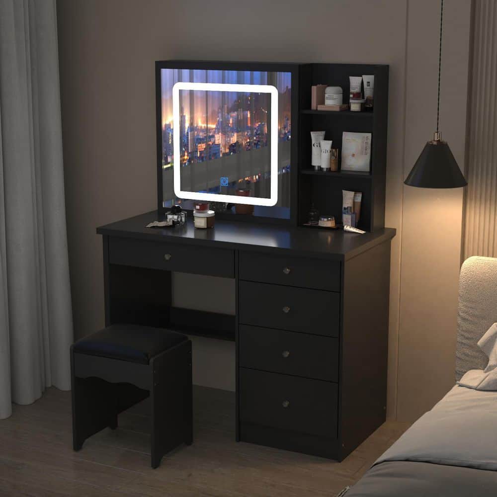 5-Drawers Black Wood LED Push-Pull Mirror Dresser with Stool and 3-Tier Storage Shelves 39.4 in. W - thumbnail 10