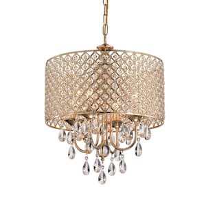 Marya 4-Light Modern Gold Round Chandelier with Beaded Drum Shade /Hanging Clear Glass Crystals