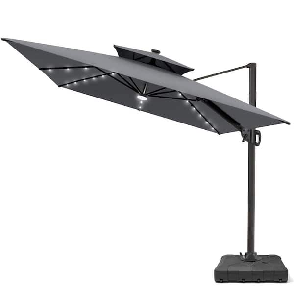 Pellebant 2-Tier 11 ft. x 9 ft. Rectangular 360° Swivel Solar LED Lighted Cantilever Patio Umbrella with Wheeled Stand in Gray