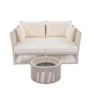 Natural Wicker 2-Pieces Outdoor Patio Sectional Sofa Sunbed with Beige Cushions and 1-Tempered Glass Table