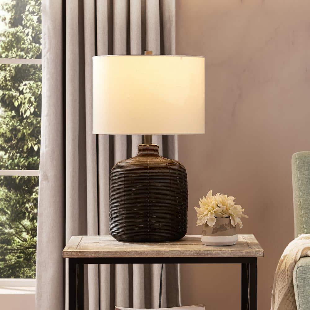 Petite Black Rattan Table Lamp with White Linen Shade