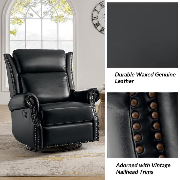 JAYDEN CREATION Lavinia Black Genuine Leather Manual Swivel Glider