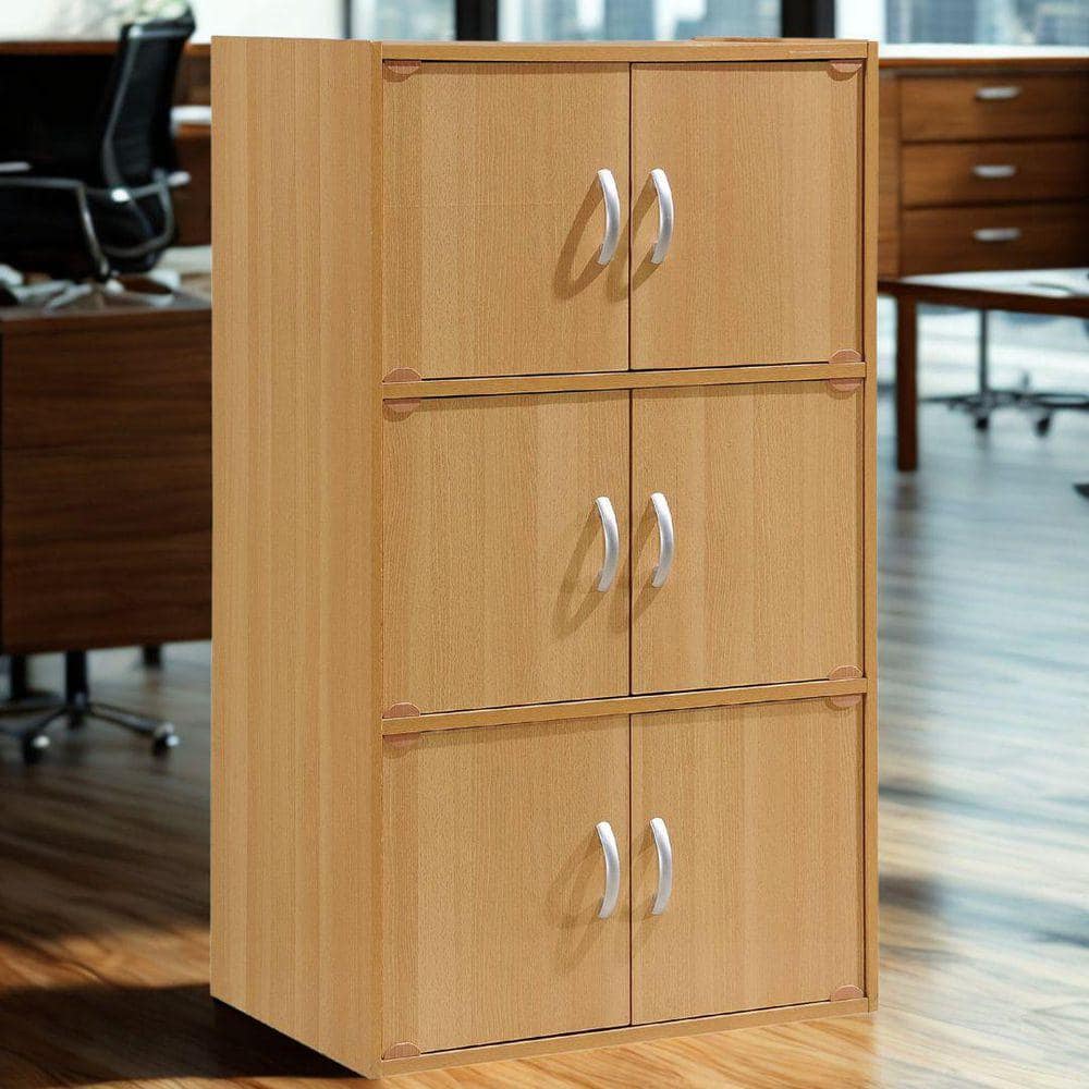 40.8 in. Tall Beech Wood 3-Shelf Bookcase with 6-Doors Enclosed Storage 3-Tier Bookshelf for Home or Office