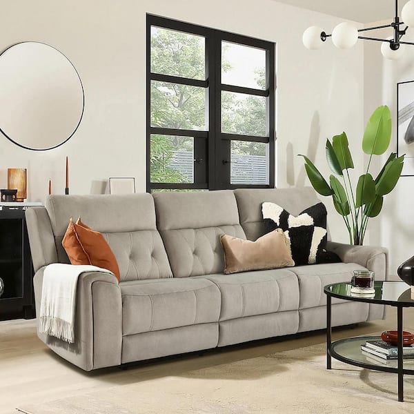 Lazzara Korlan 98 in. W Straight Arm Microfiber Rectangle Power Double Reclining Sofa with Power Headrests in. Taupe