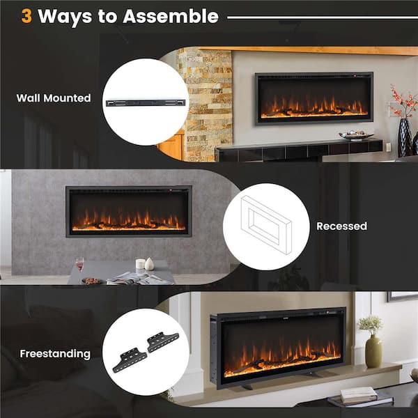 42 in. Wall Mounted Freestanding Recessed Metal Electric Fireplace in Black with Remote Control