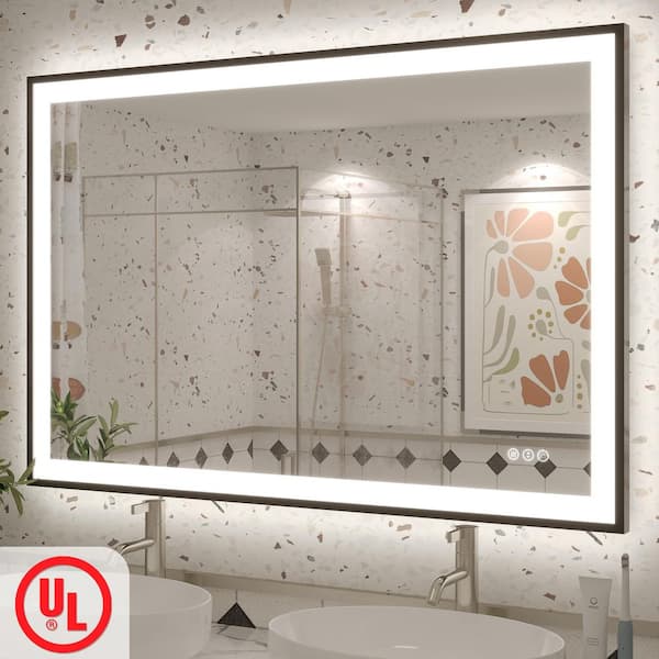 48 in. W x 32 in. H Rectangular Space Aluminum Framed Dual Lights Anti-Fog Wall Bathroom Vanity Mirror in Tempered Glass