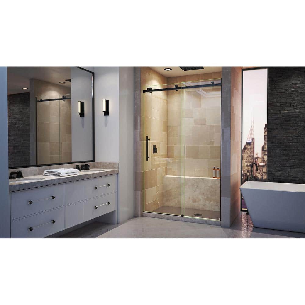 Matte Black Frameless Sliding Shower Door with Clear Glass