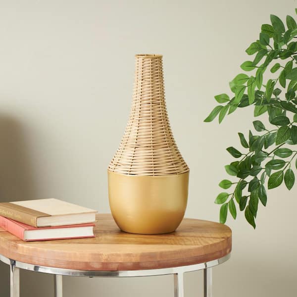 Litton Lane Brown Handmade Woven Rattan Decorative Vase with Gold Metal Base