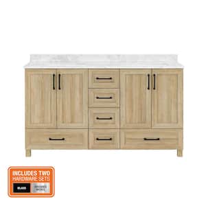 Tobana 60 in. W x 19 in. D x 34 in. H Double Sink Bath Vanity in Weathered Tan with White Engineered Marble Top