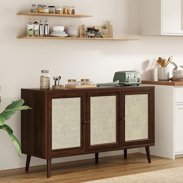 Lirago Walnut 47 in. Display Cabinet with 3 Rattan Doors, Kitchen Storage Cabinet