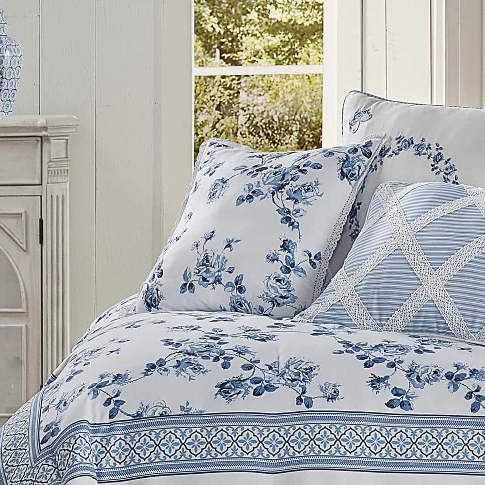 French Blue Floral Square Cotton Throw Pillow