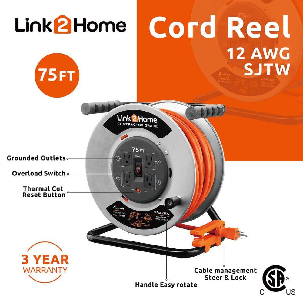 Link2Home EMCG750E 75 Ft. 12/3 Extension Cord Storage Reel With 4 Grounded Outlets And Surge