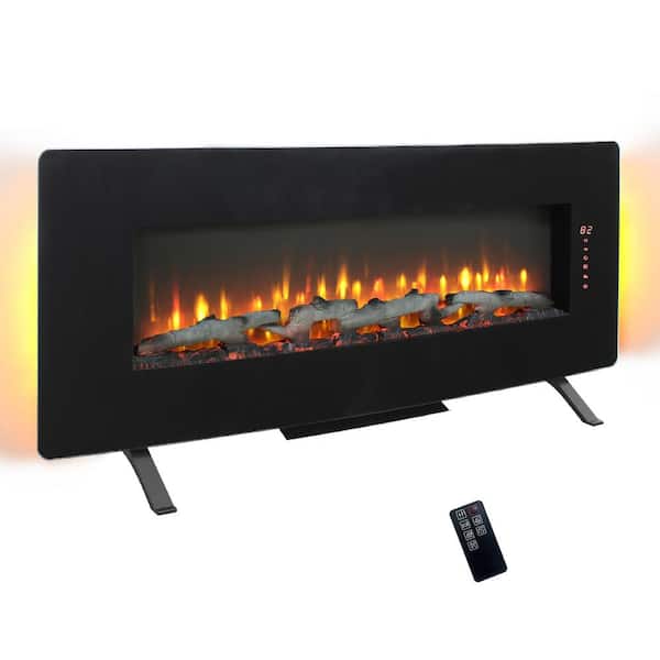 48 in. Curved Front Wall Mounted Electric Fireplace with Remote and Multi Color Flame and Emberbe in Antique Black