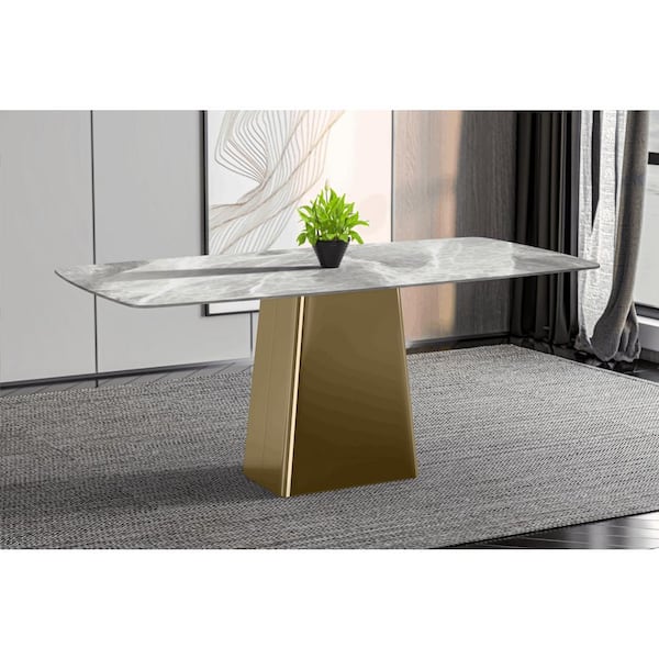 Quinix Modern Light Grey Stone 71 in. Pedestal Dining Table, Seats-8