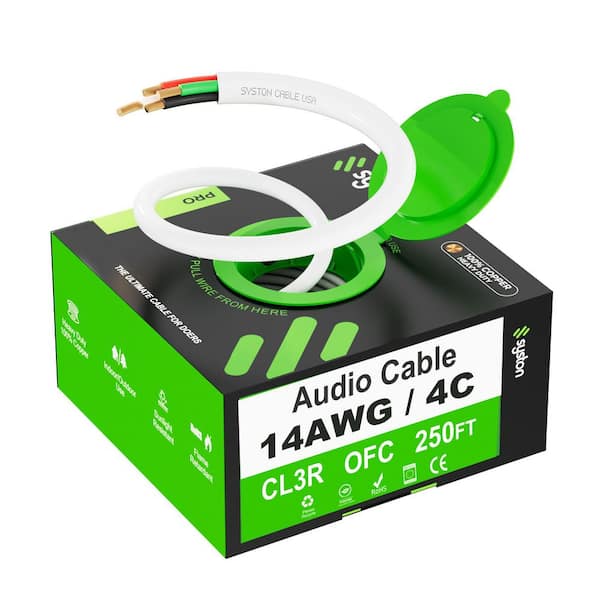 250 ft. 14/4 White Stranded Oxygen Free Copper In-Wall CL3R CMR FT4 Audio Loud Speaker Wire Indoor Outdoor UV Resistant
