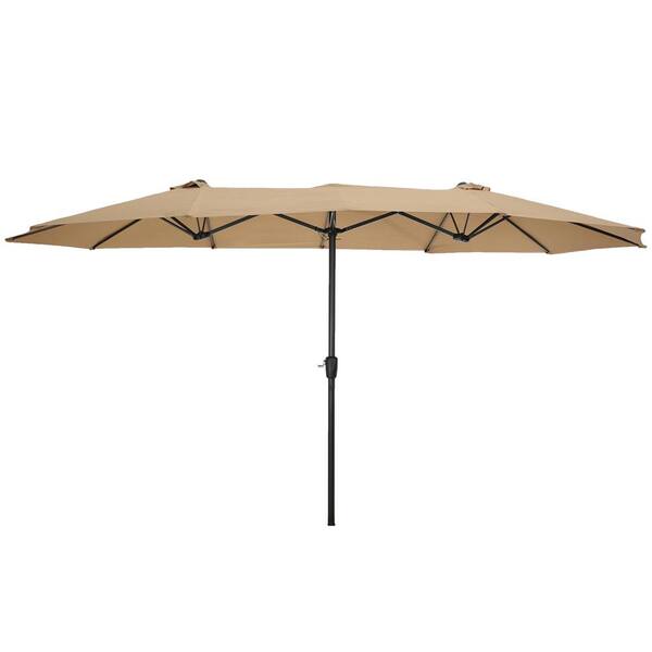 Unbranded 15 ft. x 9 ft. Double-Sided Rectangular Outdoor Twin Market Patio Umbrella with light and base in Taupe
