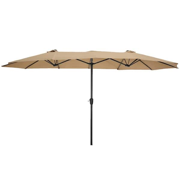 Unbranded 15 ft. x 9 ft. Double-Sided Rectangular Outdoor Twin Market Patio Umbrella with light and base in Taupe