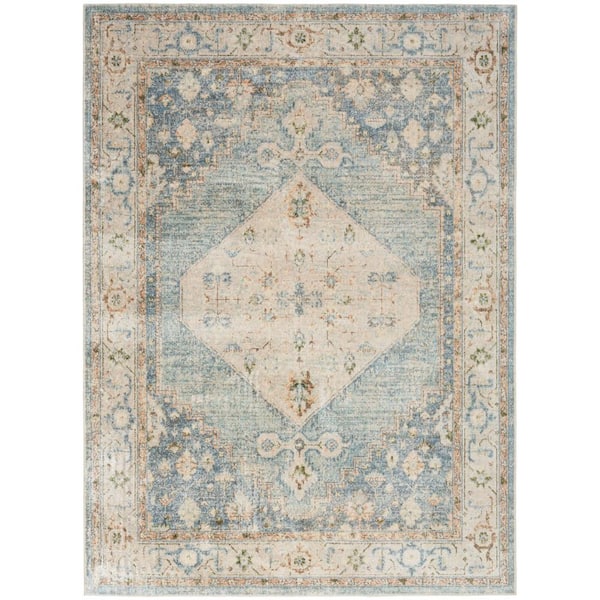 Nourison Astra Machine Washable Silver Blue 5 ft. x 7 ft. Center medallion Traditional Area Rug