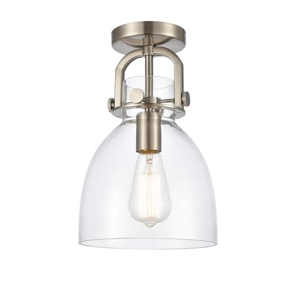 Newton Bell 8 in. 1-Light Satin Nickel Industrial Flush Mount with Clear Glass Shade