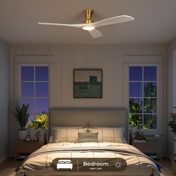 52 in. Smart Indoor White and Gold Low Profile Standard Flush Mount Ceiling Fan Light with Integrated LED with Remote