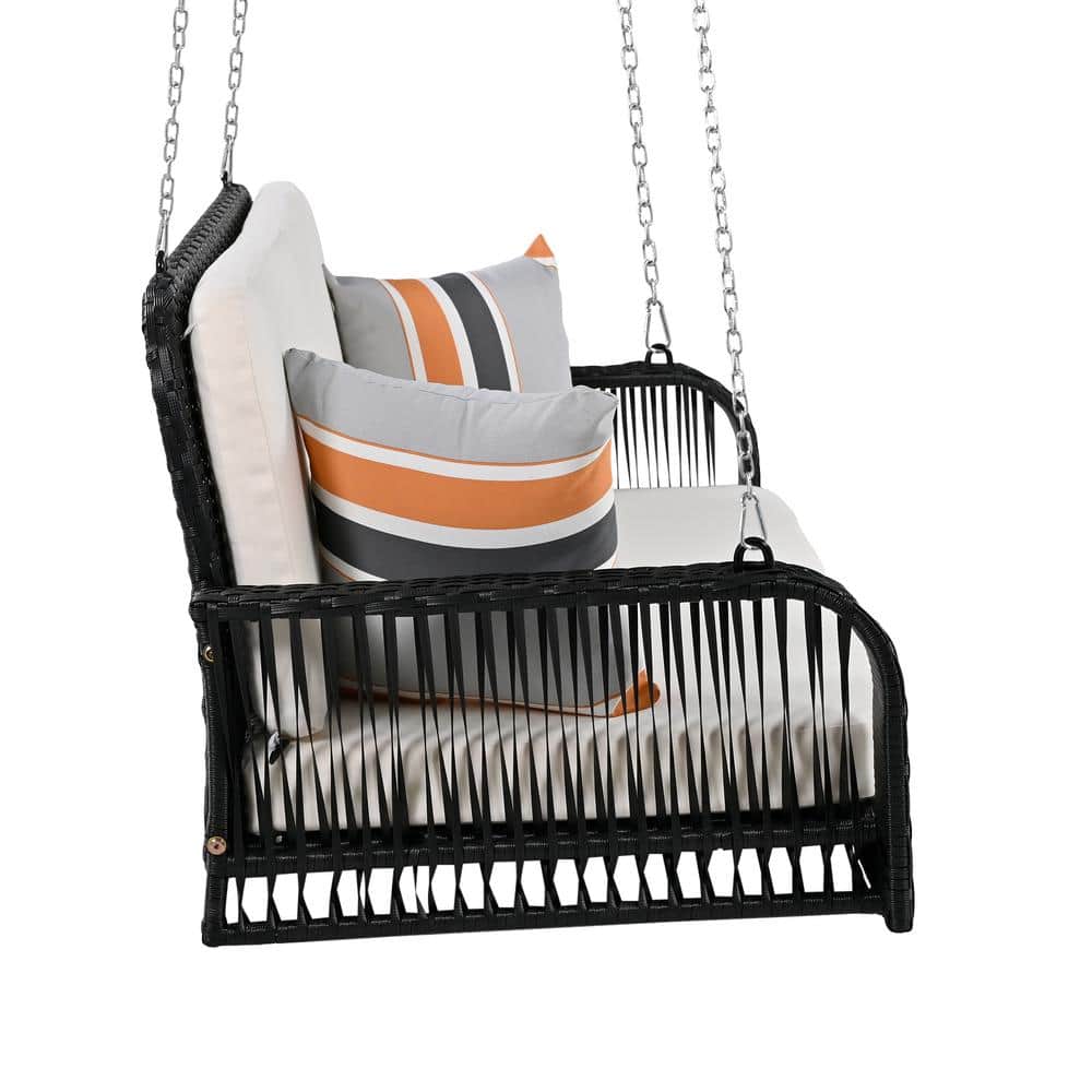 Beige and Black Aluminum Wicker Porch Swing with Cushions