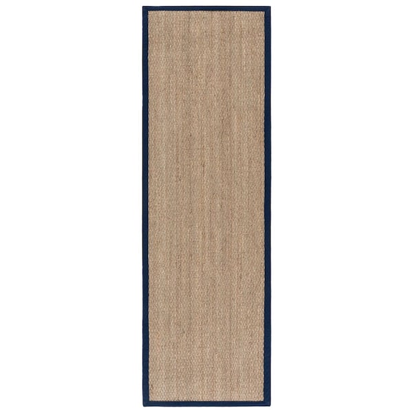 Natural Fiber 3 ft. x 9 ft. Natural/Navy Blue Border Runner Rug