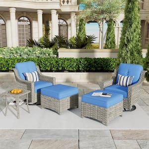 Tulip E 5-Piece Wicker Swivel Outdoor Rocking Chairs Patio Conversation Set with Diamond Blue Cushions