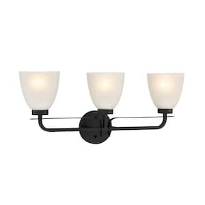 Kaitlen 24.25 in. 3-Light Black Vanity Light with Etched Glass Shade
