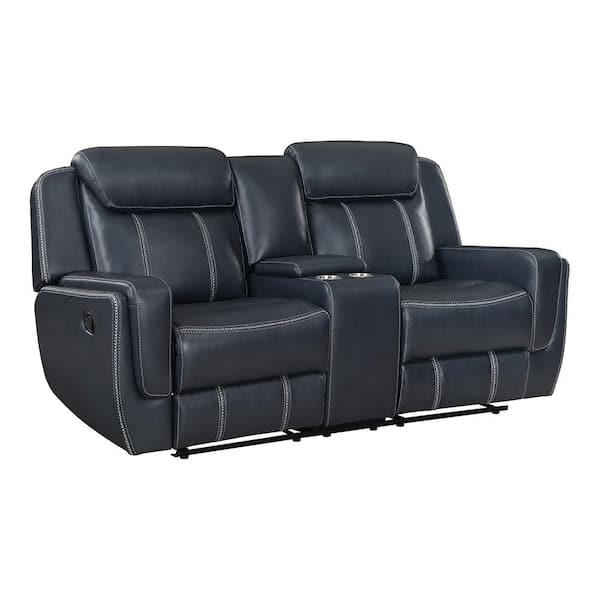 Colin 75.5 in. W Blue Faux Leather Manual Double Reclining Loveseat with Center Console, Receptacles and USB Ports