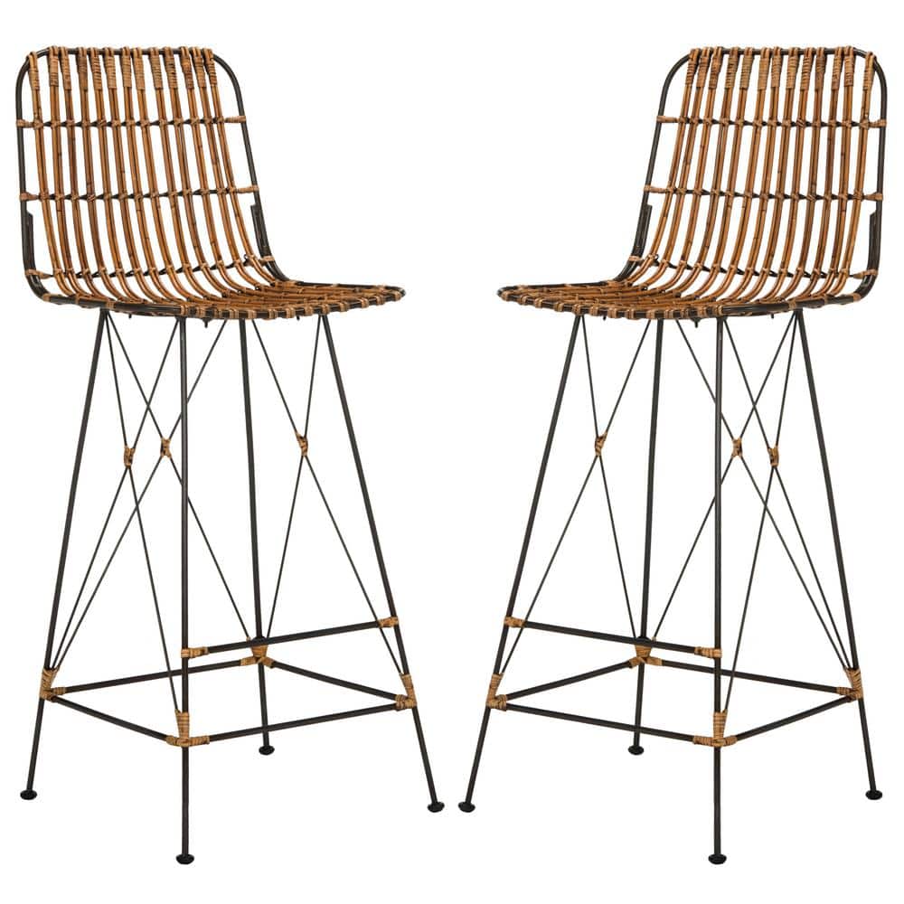 Luxuriant 43'' Natural Brown & Black Metal Wicker Bar Stool - Set of 2