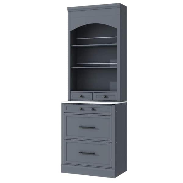 28.7 in. W x 17.5 in. D x 83.7 in. H Gray Linen Cabinet with Faux Marble Top, 5 Drawers and Adjustable Shelf