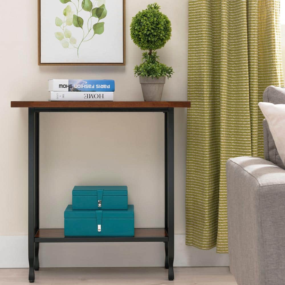 Mission Oak and Black Metal Console Table with Storage