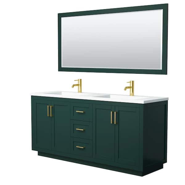 Wyndham Collection Miranda 72 in. W x 22 in. D x 34.25 in. H Double Sink Bath Vanity in Green with Matte White Solid Surface Top and Mirror