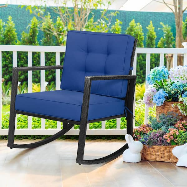 ANGELES HOME Black Wicker Rattan Outdoor Rocking Chair with Navy Cushions