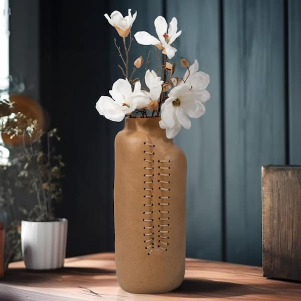 Sagebrook Home 18 in. Red Ceramic Cylinder Stitched Up Decorative Vase