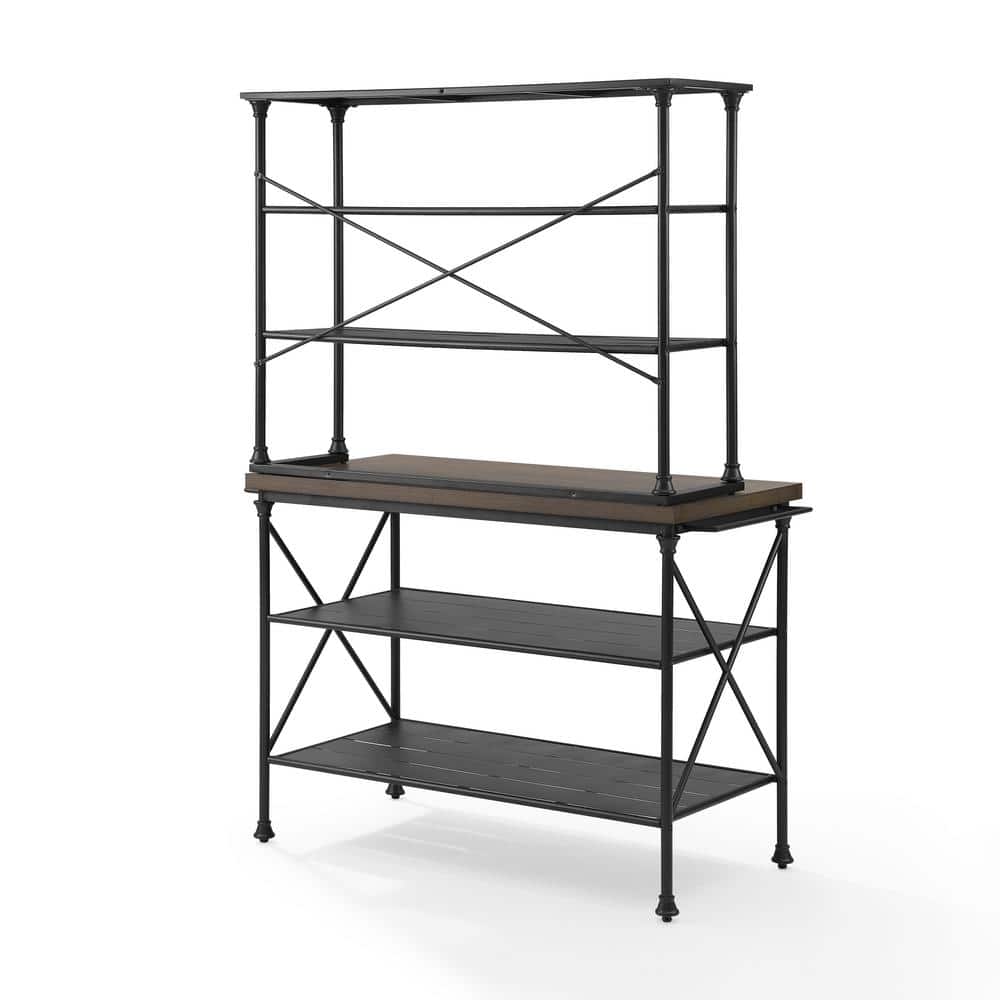 Elegant Madeleine Matte Black Kitchen Island with Faux Marble Top and Hutch