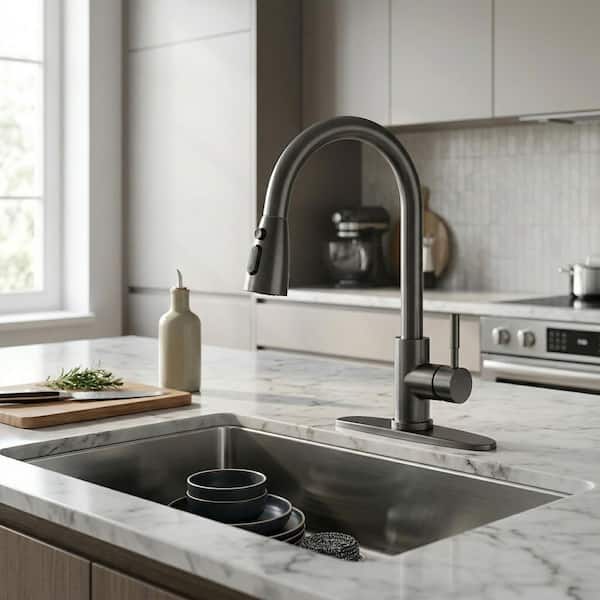 15.3 in. Deck-Mount Single-Handle 360-Degree Pull-Down Sprayer Kitchen Faucet in Black Stainless Steel