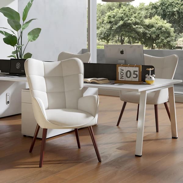 KAN Modern Wingback Office Task Chair with Tufted Back, Soft White Fabric Seat, and Walnut Wood Legs