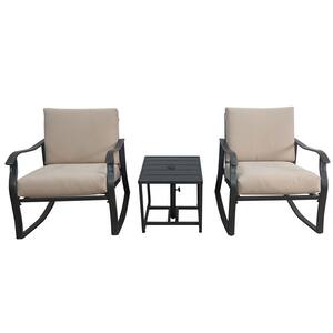 Black 3-Piece Metal Square Outdoor Dining Set with Beige Cushions