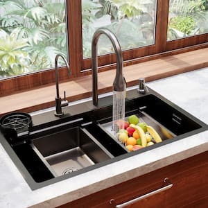 30 in. Drop-In/Undermount Single Bowl Stainless Steel Workstation Kitchen Sink in Black with Pull-Down Faucet