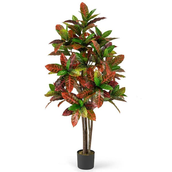 5 ft. Artificial Croton Tree, Faux Plant with Gradient Leaves in Nursery Pot for In-Outdoor Decor (1-Pack)