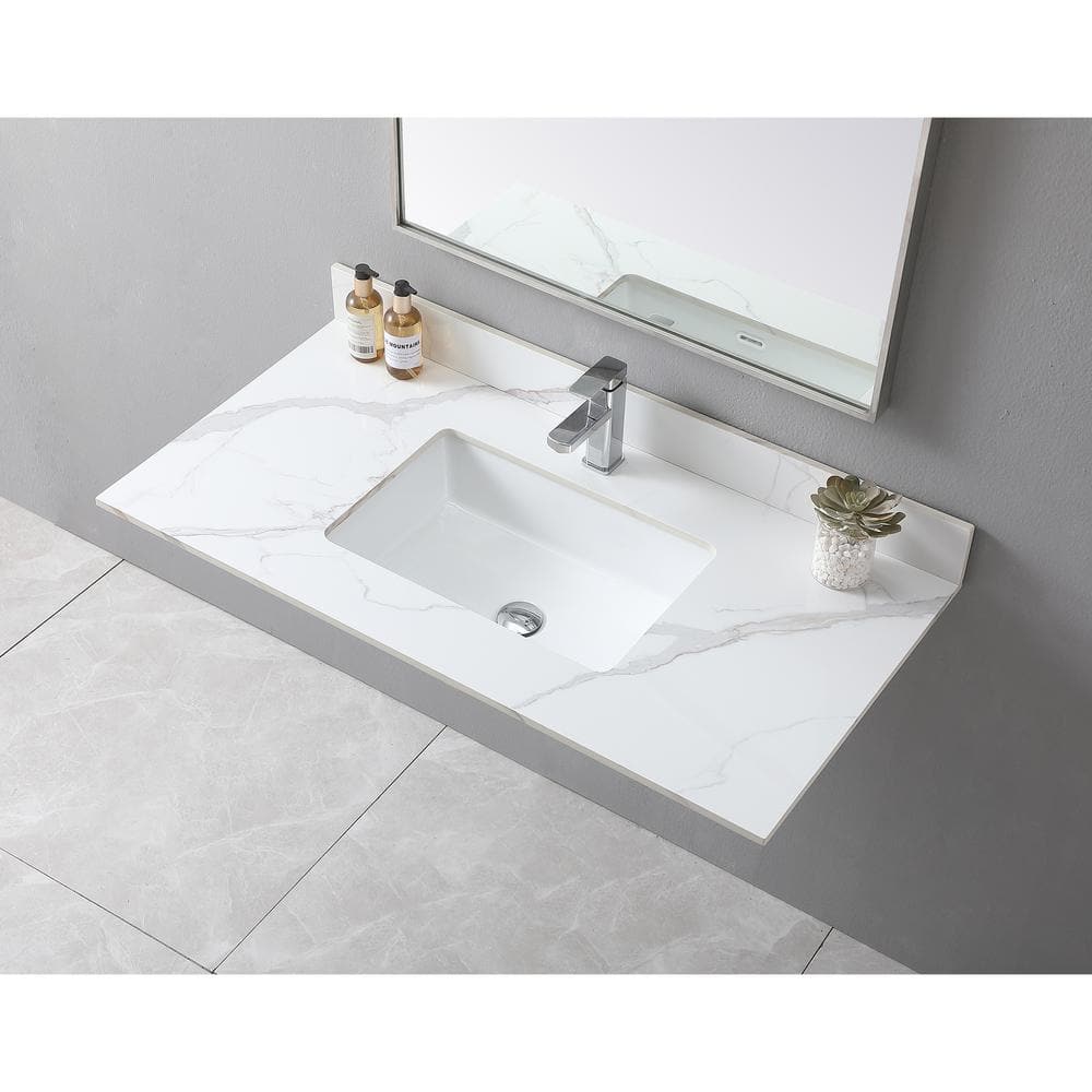 43 in. White Engineered Stone Composite Vanity Top with Rectangular Single Sink