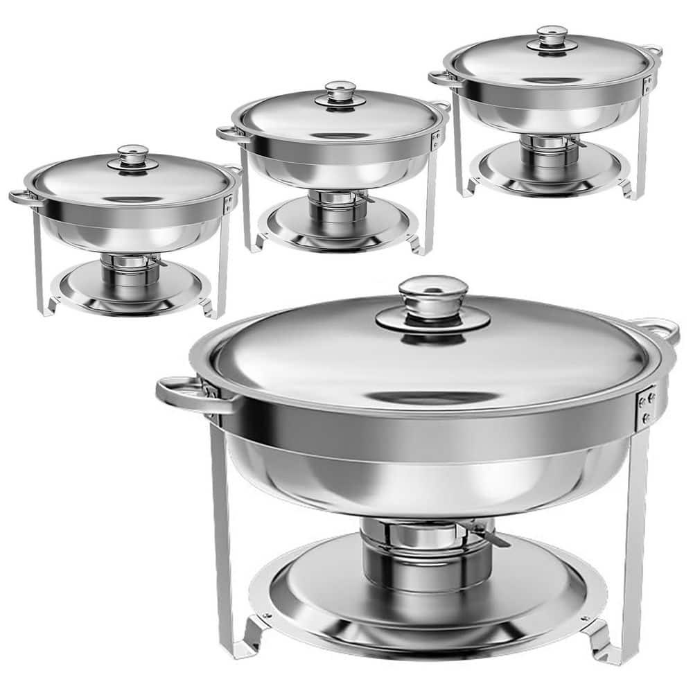 Chafing Dish Buffet Set 5 qt. Stainless Steel Round Buffet Server with Stackable Pans Frame Lid Fuel Holder 4 Pack