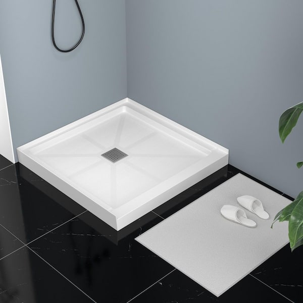 Durbase 36 in. L x 36 in. W SMC Single Threshold Alcove Shower Pan Base in White w/ Center Drain, Stainless Steel Cover