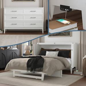 Santa Fe White Solid Wood Frame Queen Murphy Bed Chest with Mattress and Built-in Charger