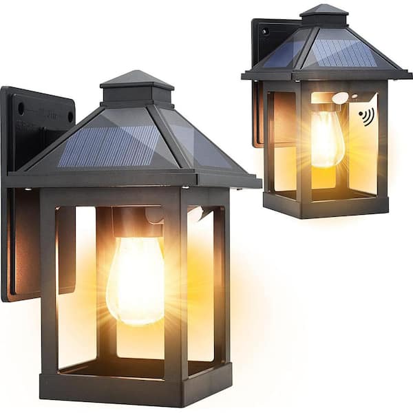 2 Pack Outdoor Solar Wall Lanterns with 3 Modes Dusk to Dawn Motion Sensor LED Sconce Lights IP65 Waterproof