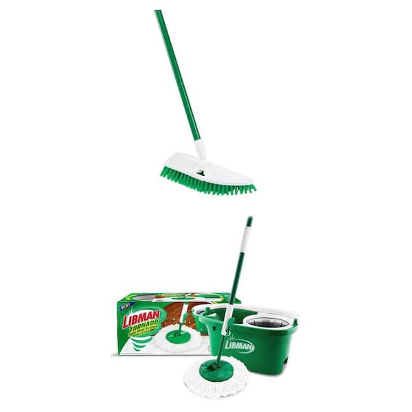 No Knees Floor Scrub Brush with Steel Handle and Tornado Spin Mop with 14-in. Microfiber Head