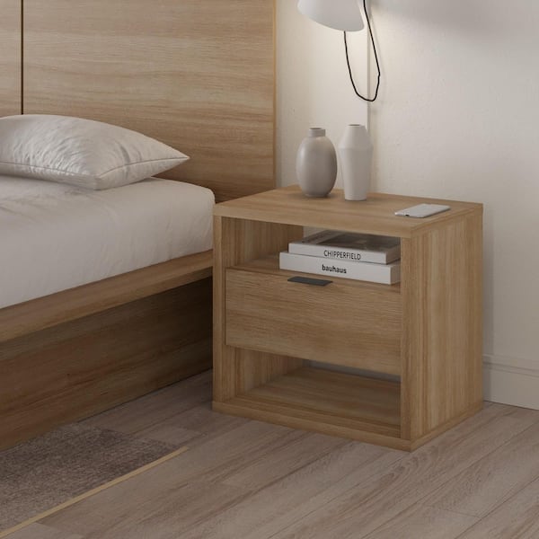 Modern Brown Oak 1-Drawer Nightstand with Open Storage